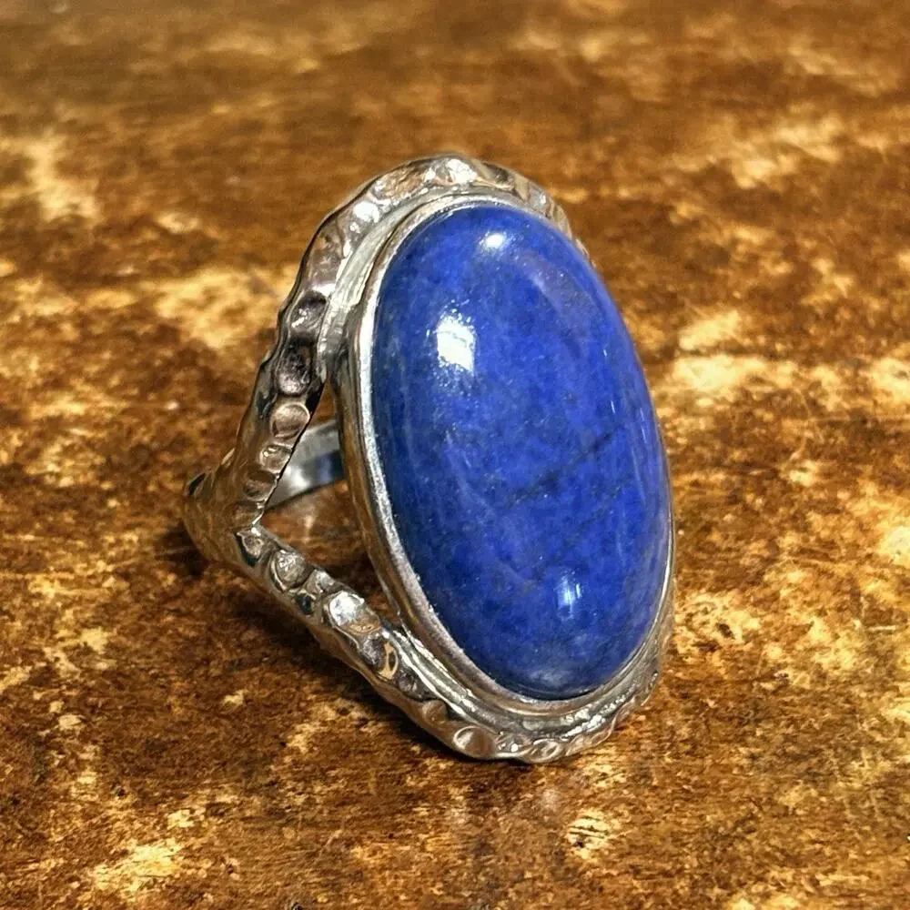Stainless Steel & Blue Cabochon Stone Ring Size 9